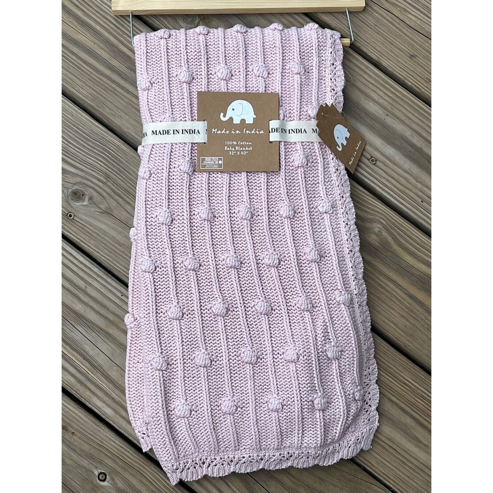 New MADE IN INDIA Cotton Knit Baby Girl Blanket Pink Dot Crochet Like Border